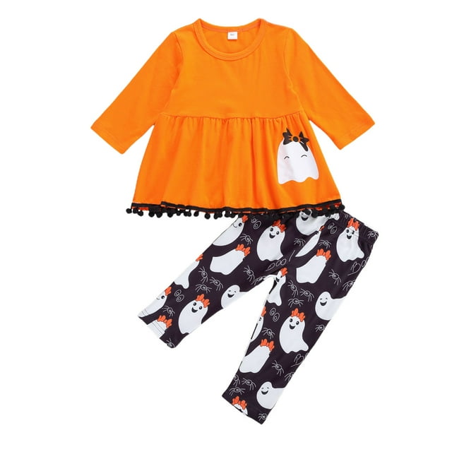 2 Pcs Tenues d'Halloween pour Bébé, Haut à Manches Longues à Col Rond Type Jupe pour Tout-Petit avec Pompons, Pantalon à Motif de Dessin Animé