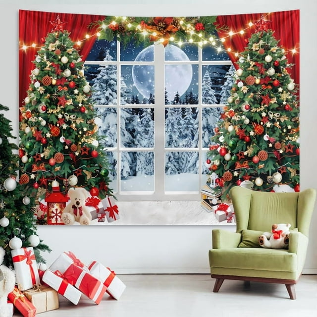 Tapiz para colgar en la pared con escena de árbol de Navidad, 150 cm x 130 cm