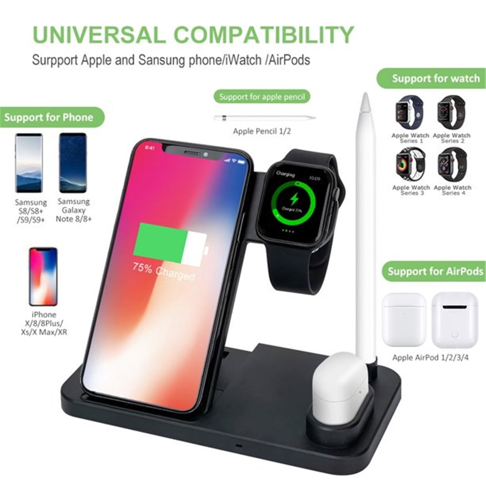 AMERTEER 4 in 1 Wireless Charger ,QI Fast Charger Pad Stand Charging Station Dock For Apple Watch Series 4/3/2/1 Airpods for iPhone X XS Max XR 8 Plus iPhone11 11pro Apple Pen