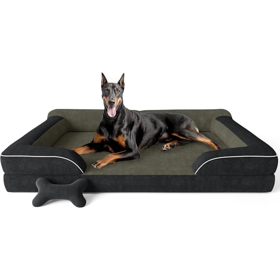 XXL Dog Bed for Extra Large Dogs, Giant Orthopedic Dog Bed with Cooling Gel Memory Foam, Waterproof Pet Bed with Removable Washable Cover, 53" Pet Sofa Bed Dutch Velvet with Bone Toy, Black