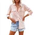 thumbnail image 2 of Camisas A Rayas con Botones para Mujer, Blusas Casuales de Larga con Cuello en V y Bolsillos Naranja Rojo L, 2 of 7