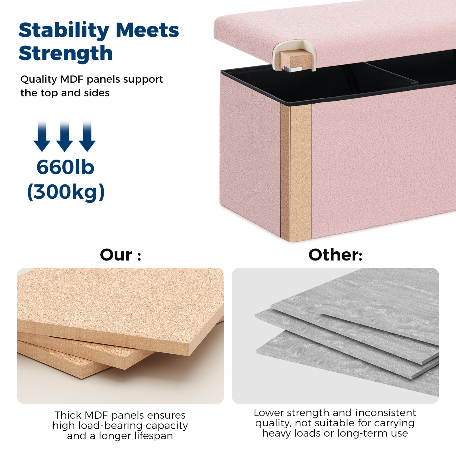 Lusimo Boucle Ottoman Bench with Storage for Living Room, 43" Folding Storage Bench Coffee Table Foot Rest, End of Bed Bench for Bedroom Entryway, Faux Shearling Fabric Pink