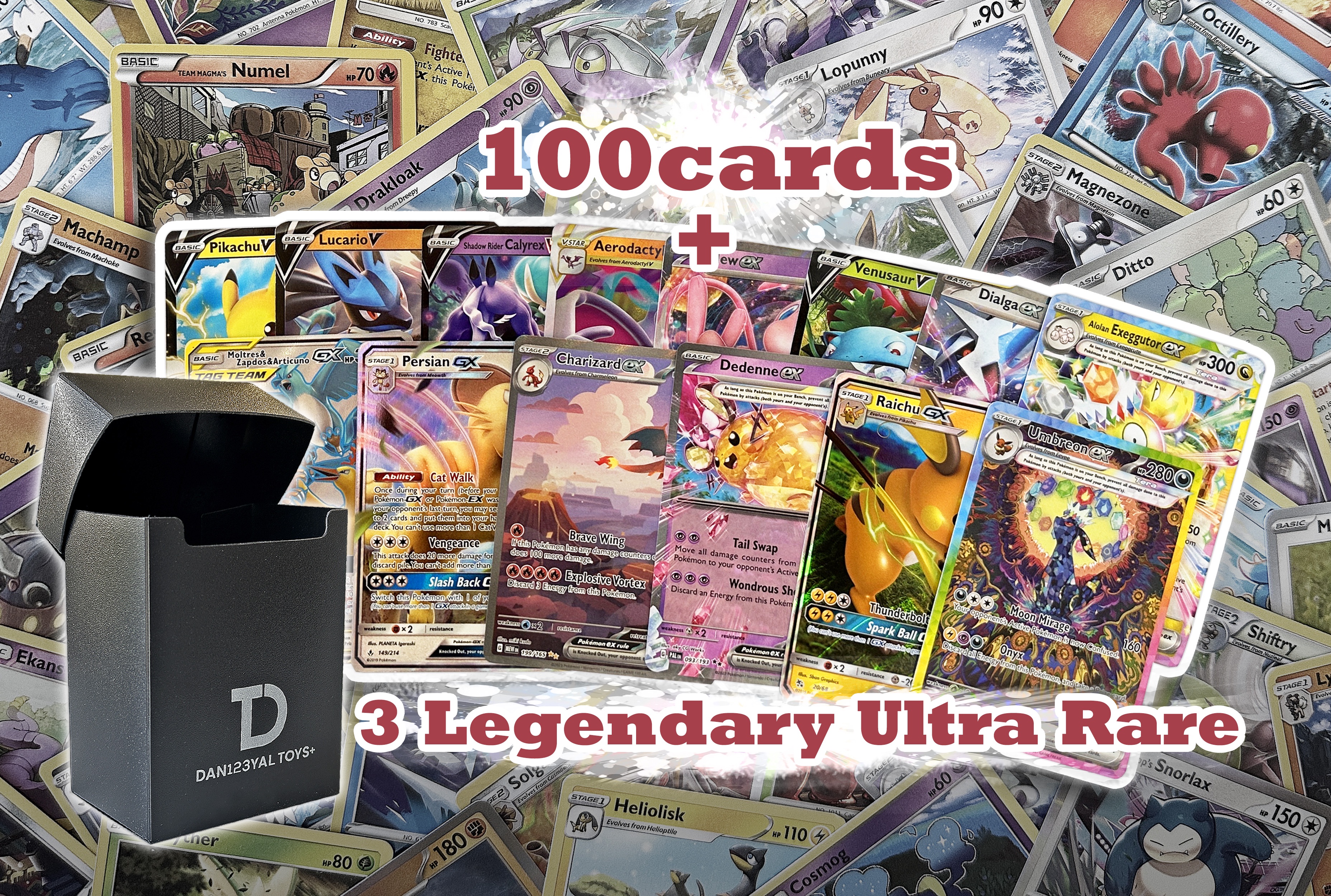 Pokémon Compatible 100 Card Lot with 3 Legendary Ultra Rare Cards Bundle- with Dan123yal Deck Box Included