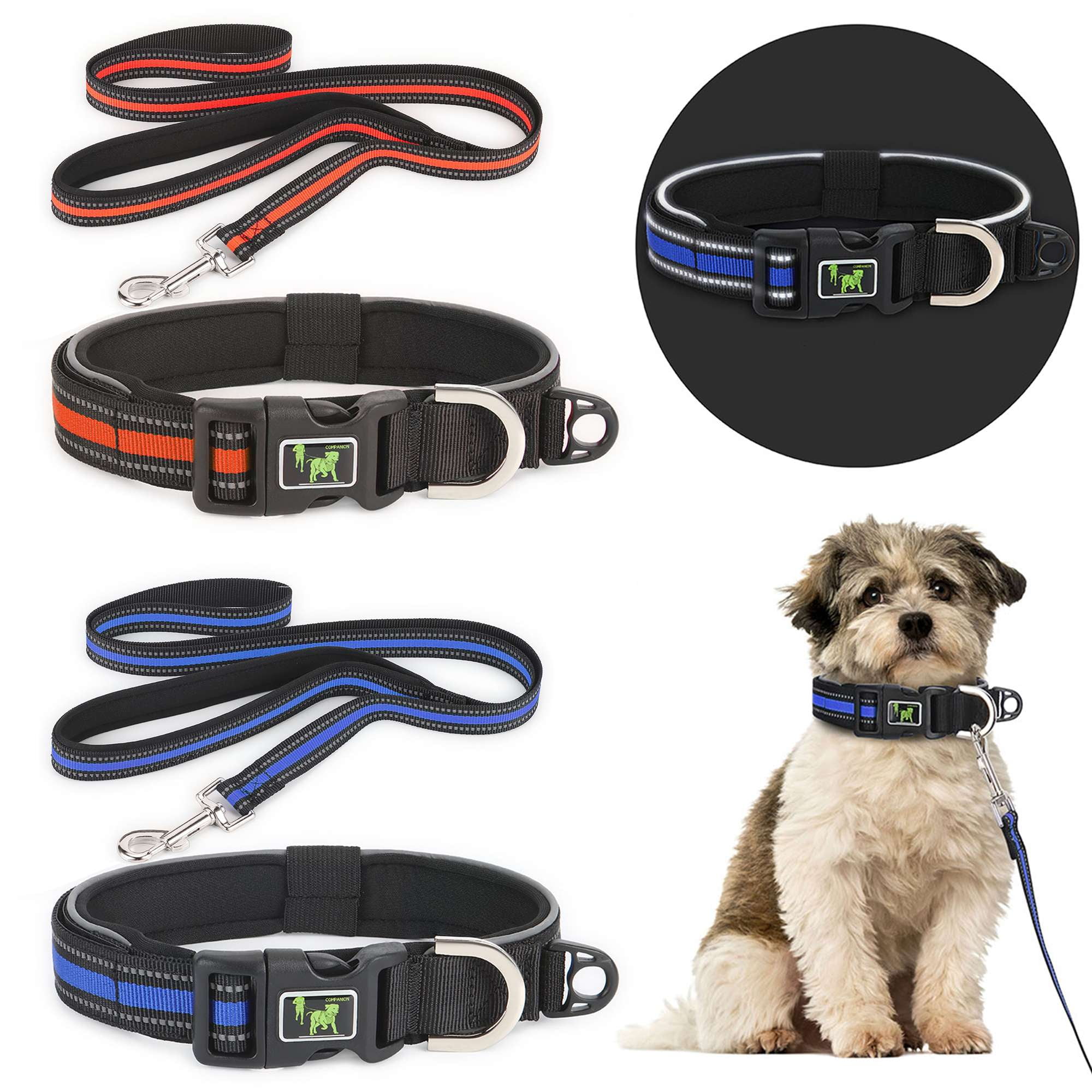 Gustave Reflective Dog Collar and Leash Set Adjustable Neoprene Padded Pet Collar Leash with