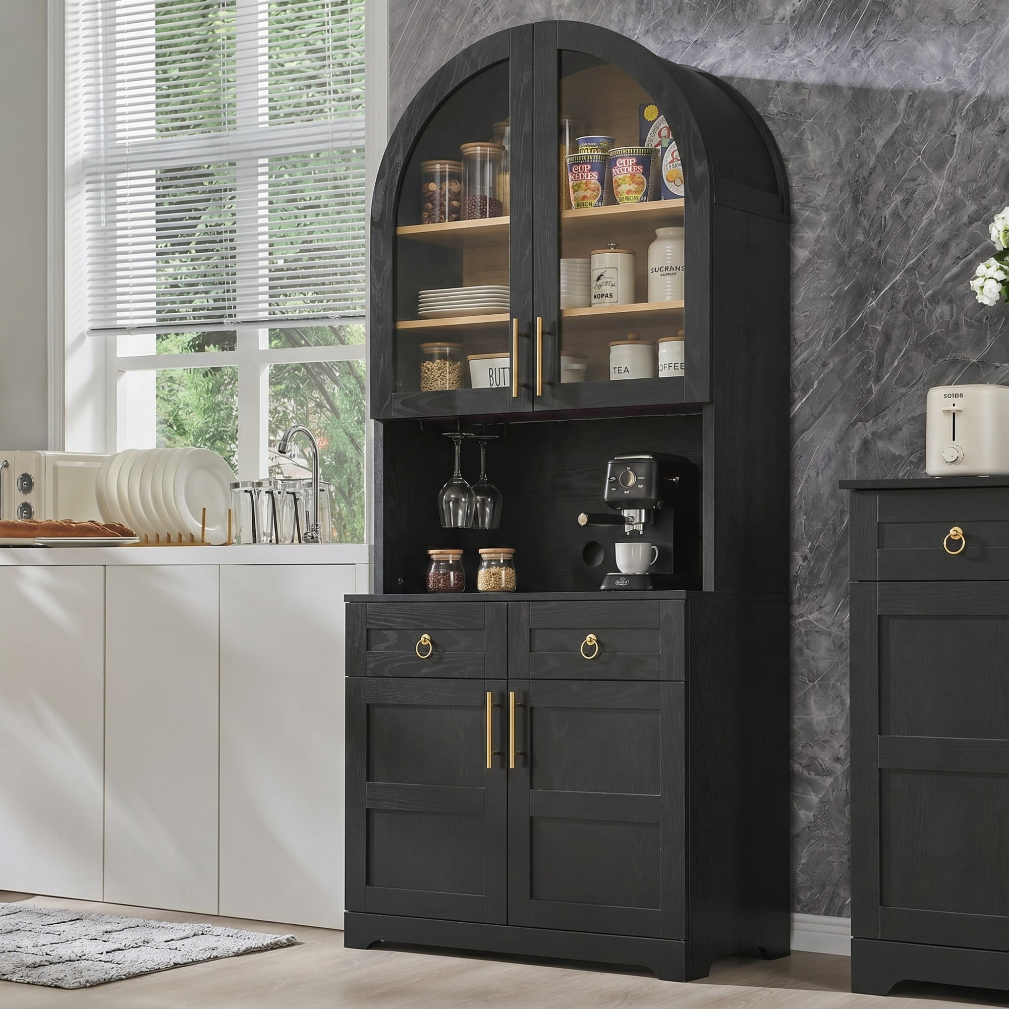 DEALTOPS Freestanding 74.8" Pantry Cabinet with Arched Top, Power Outlets and LED Light, Black