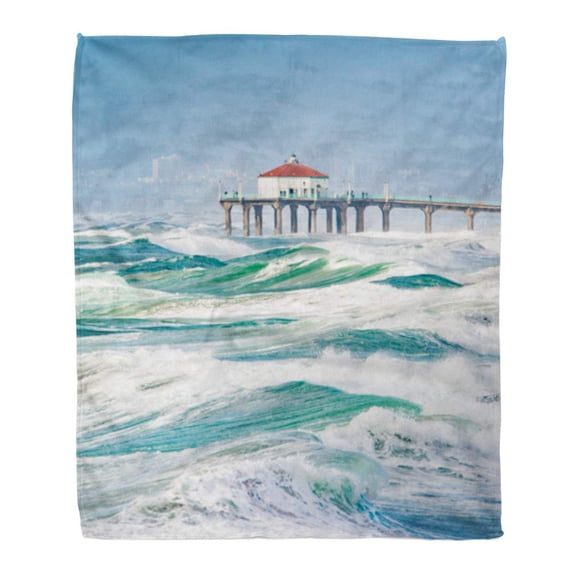 SIDONKU Flannel Throw Blanket California Orange Pier Windy Day in Manhattan Beach Red Soft for Bed Sofa and Couch 50x60 Inches