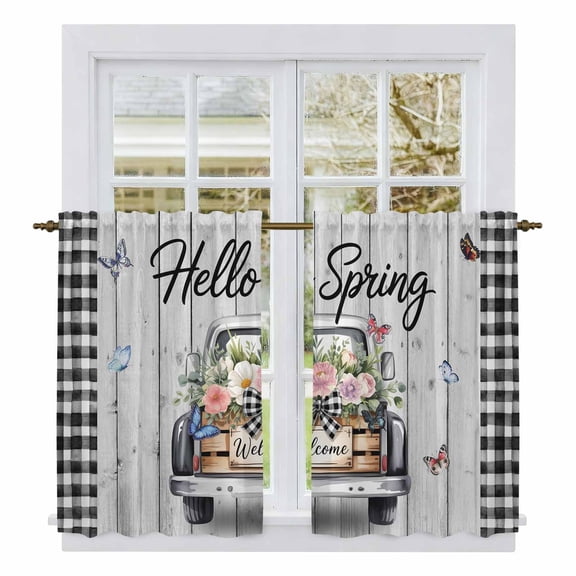 Spring Flowers Kitchen Curtains 54 Inch Length, Farmhouse Truck Black Plaid Wood Grain Tiers Curtains for Bathroom Bedroom Cafe, Light Filtering Small Window Treatment Short Drapes 2 Panels 42"Wx54"L