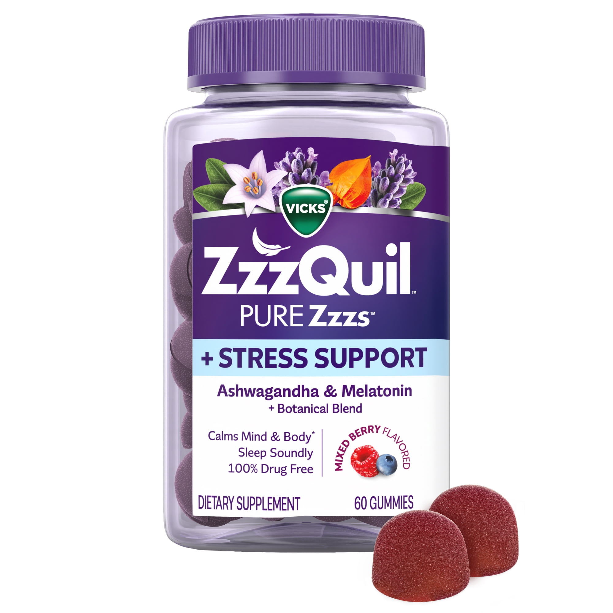 ZzzQuil PURE Zzzs Melatonin Sleep Aid Gummies with Ashwagandha for Adults, 1mg, 60 Count