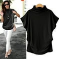 thumbnail image 3 of Aviva Women Turtleneck Short Sleeve Cotton Solid Casual Blouse Top T Shirt Plus Bk/L, 3 of 3