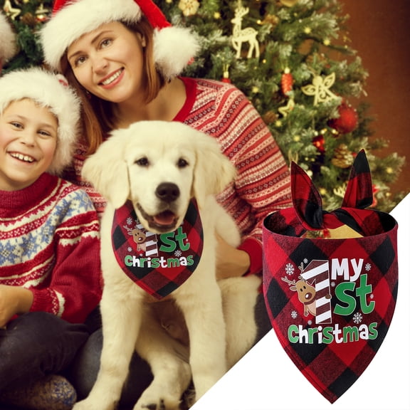 Christmas Dog Bandanas Classic Plaid Triangle Holiday Scarf with Santa and Snowman Print,Winter Pet Outfit for Boy and Girl Dogs,Red Green Plaid Dog