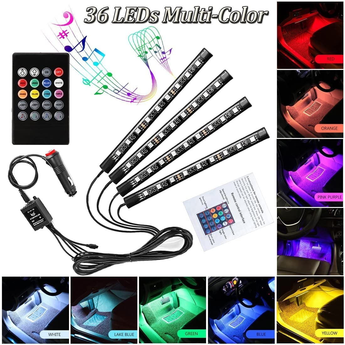Car Charger 36 LED, 121MM Wireless Remote Control Multicolor Music Car Interior Atmosphere Lights For Car interior lighting with Sound Active Function Car Neon Accent LED Strip Light 