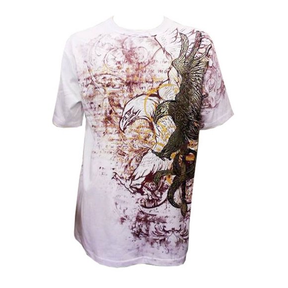 Aigle et Épée Métallique Or en Relief Graphique Hommes T-Shirt Blanc 3XL