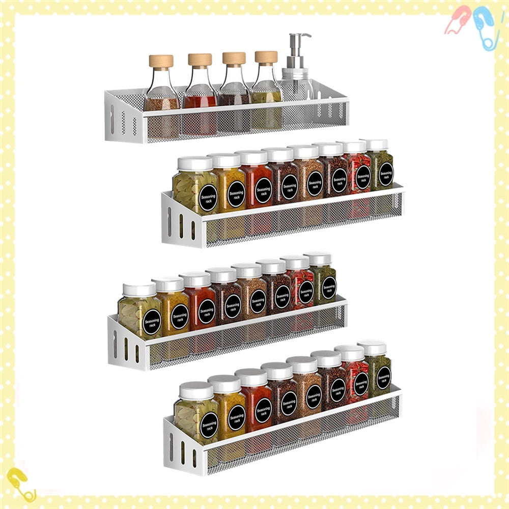 4 Pack Metal Spice Rack Wall Mount Spice Seasoning Jars Shelf for Kitchen Cabinet Silver