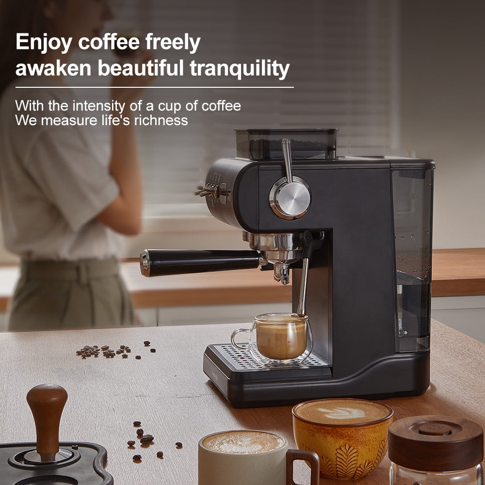 AEOMJK espresso machine with built-in grinder, capable of making both cold and hot coffee, retro design with lever switch, 20BAR pressure for extraction, steam wand for frothing milk, 1.8L removable