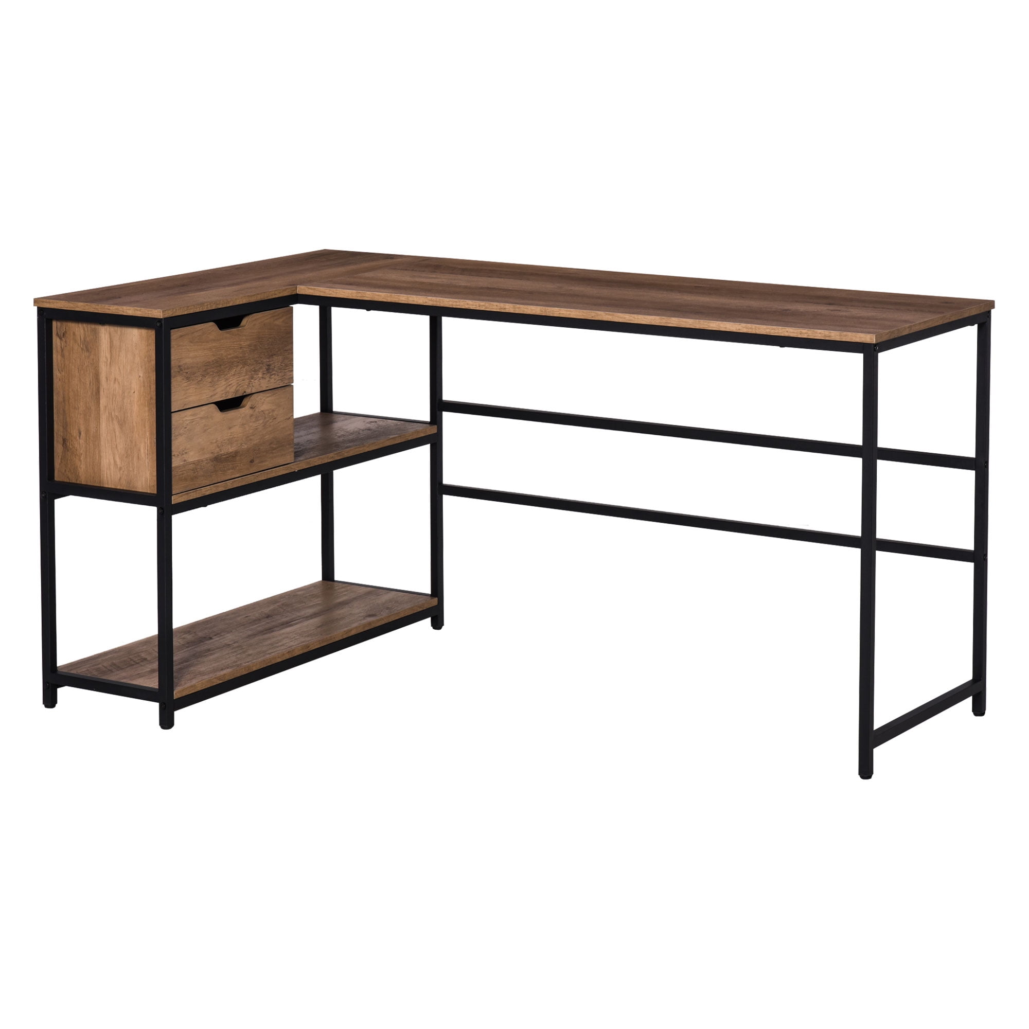 LShaped Home Offie Computer Desk with Storage Shelves, 2 Dawers