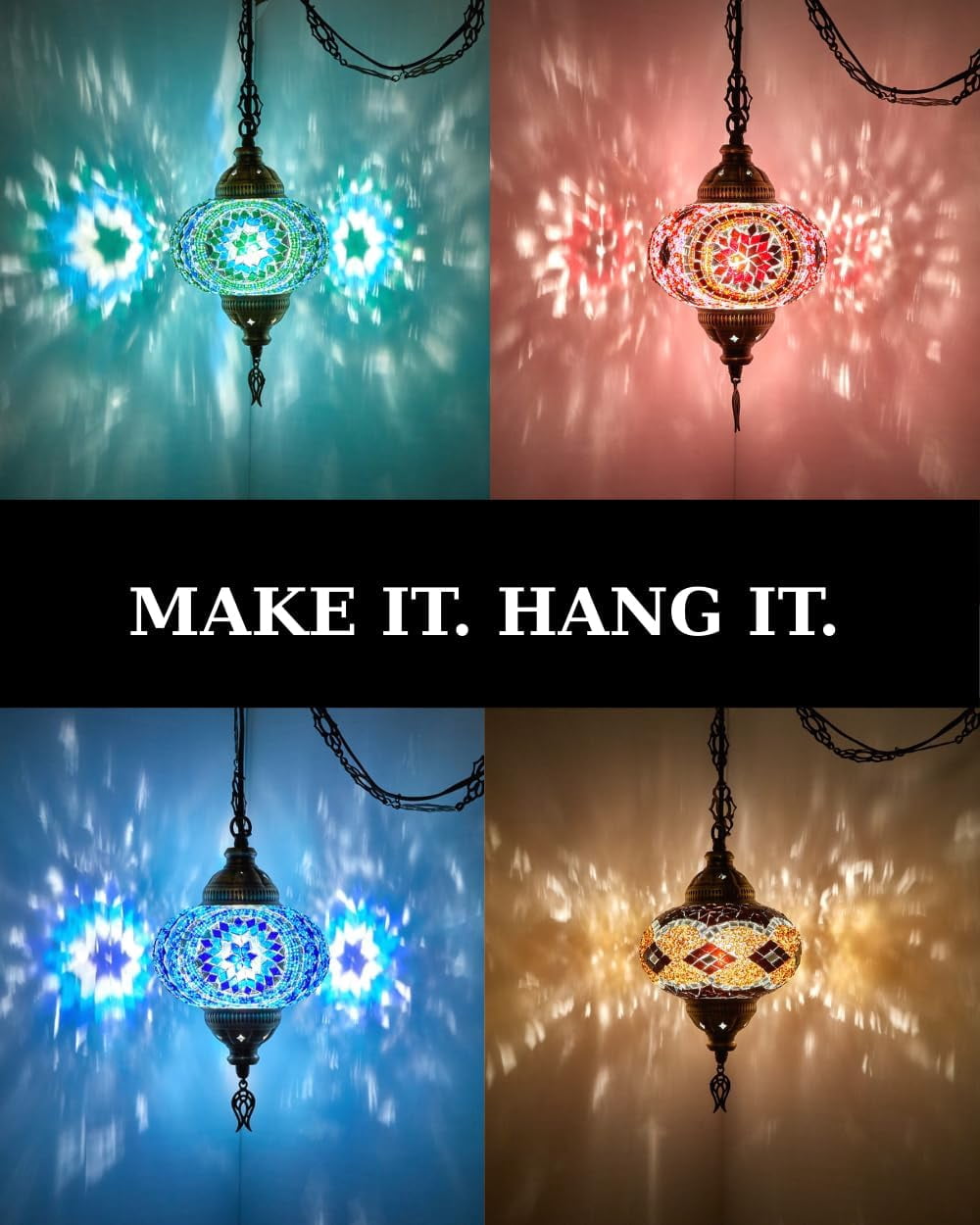 DEMMEX DIY Turkish Mosaic Plug-in Hanging Lamp Kit – NO Grout or Plaster, Beginner-Friendly – Complete Tiffany Mosaic Glass Light-Making Craft Project Kit for Adults and Teens (Pink)