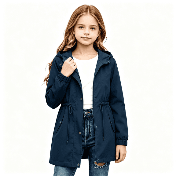 BXJX Girls Hooded Rain Jackets Size 7-8, Full Zip Drawstring Waist Water Resistant Windproof Outerwear with Pockets Navy