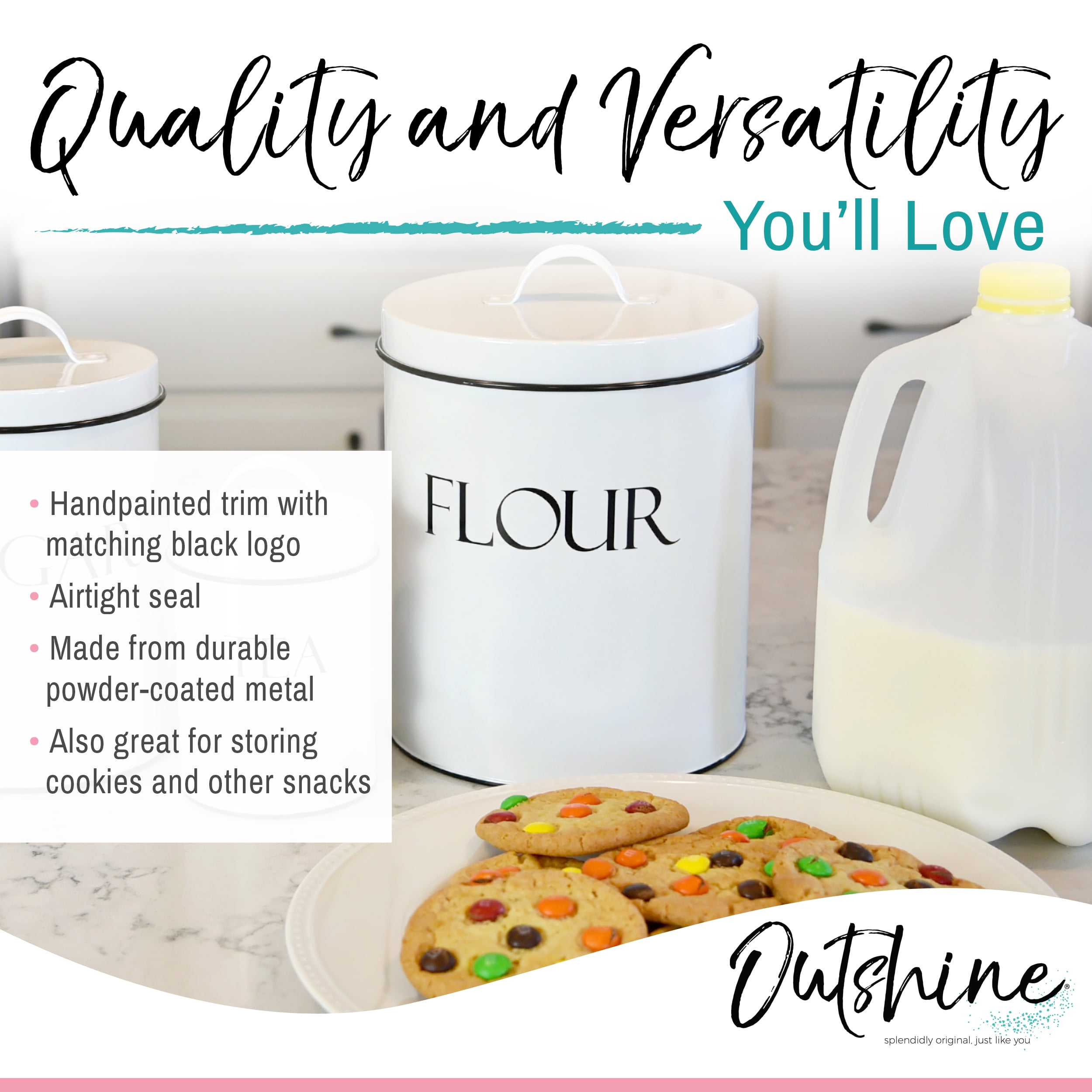 Outshine Farmhouse Round Tin Snack Containers with Lids - Set of 2, White, Airtight Food Storage Containers for Biscuits, Cookies, Chocolates, Toddler  Food, Baby Snacks