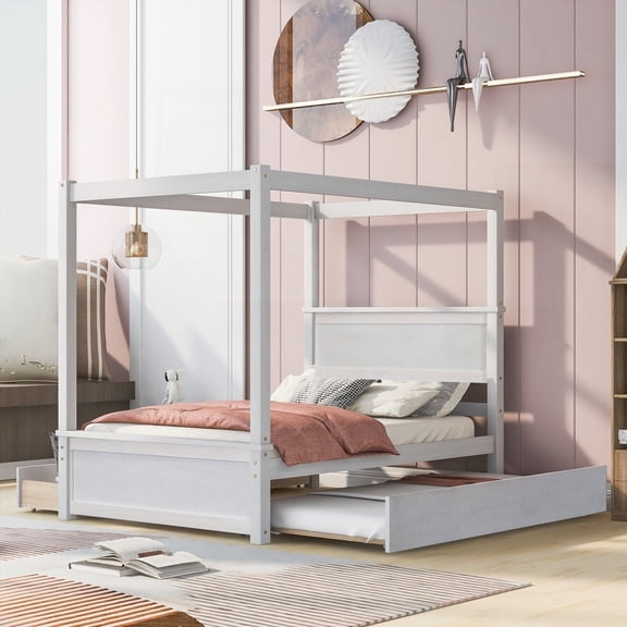Full Size Brushed White Canopy Bed with Trundle & Storage Drawers, Modern Style