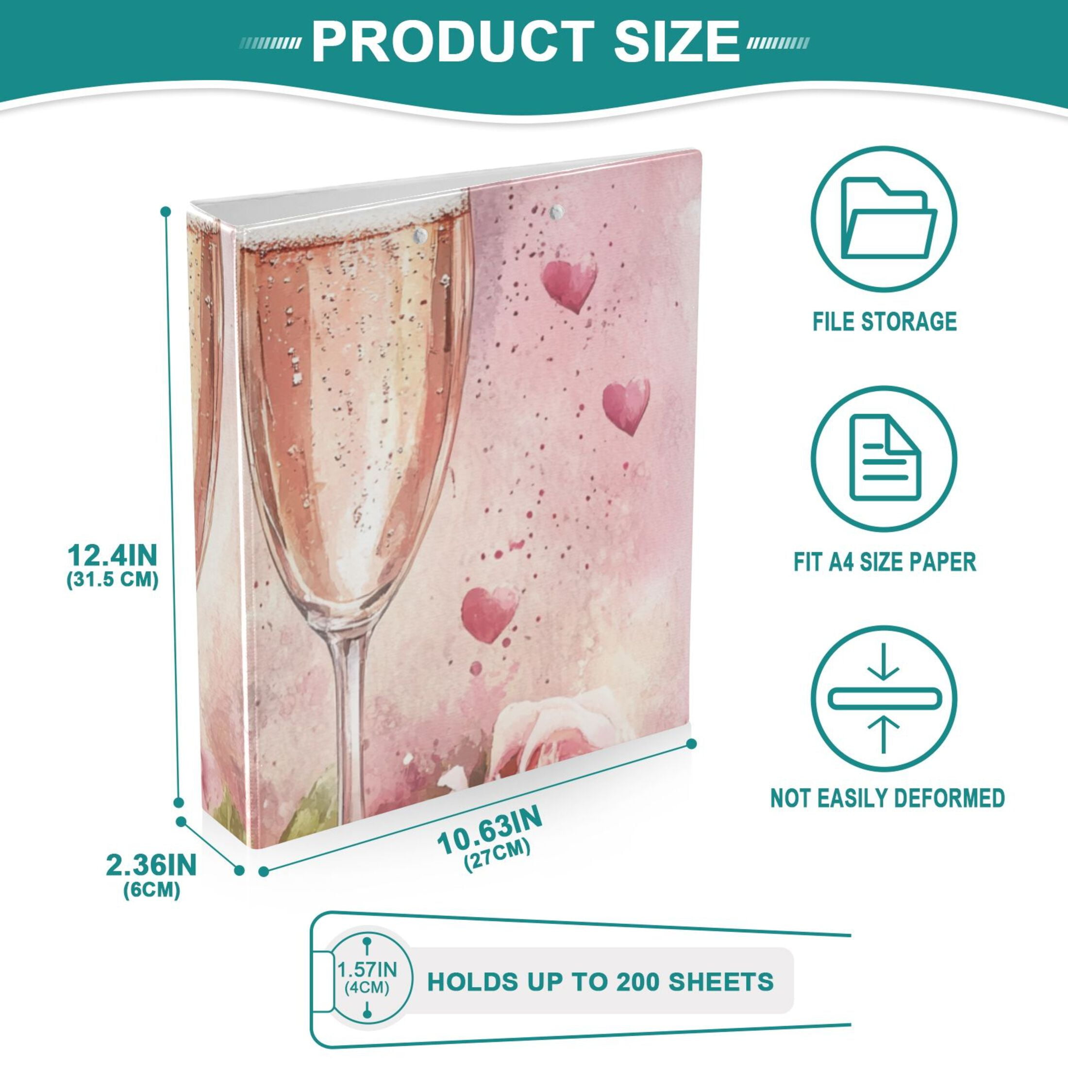 Glasses Roses 3 Ring Binders 1.5 inch Hardcover File Folders with Interior Pockets A4 Size Organizer for School Office Hospital