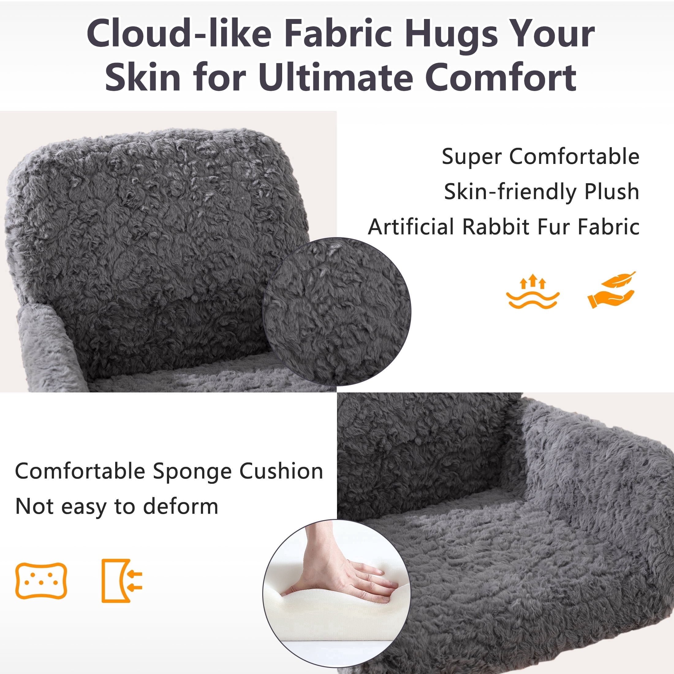 PAPROOS Vanity Chair with Back, Adjustable Swivel Makeup Desk Chair with Wheels and Arms, Fluffy Home Office Task Chair with Artificial Rabbit Hair for Bedroom, Dorm, Study Room, Gray