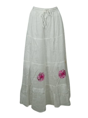 Mogul Women Gypsy Maxi Skirt White Cotton Gauze Embroidered Boho Hippie Chic Long Beach Skirts M/L