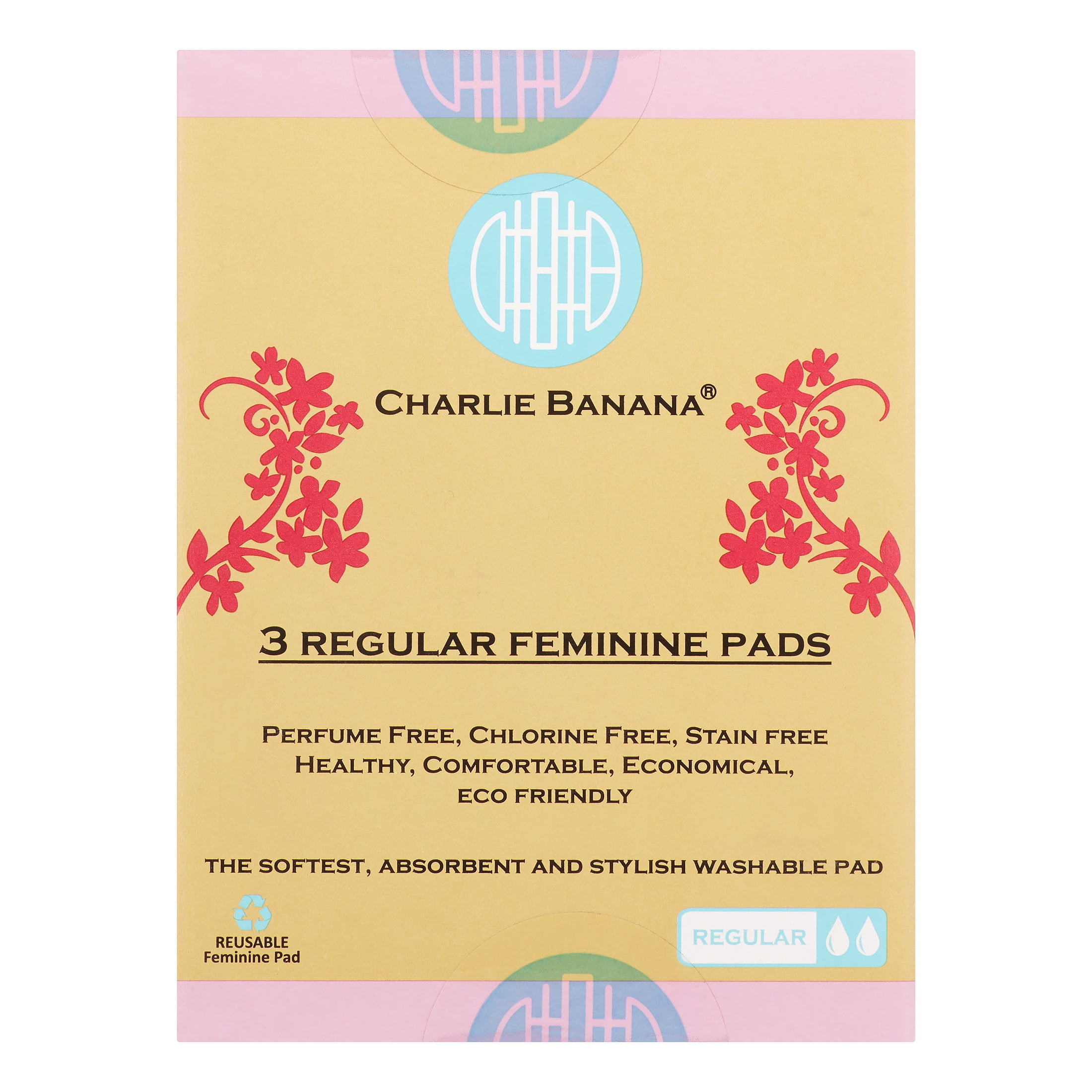Charlie Banana Washable Cloth Pads, Peony Blossom, Regular, 3 Ct