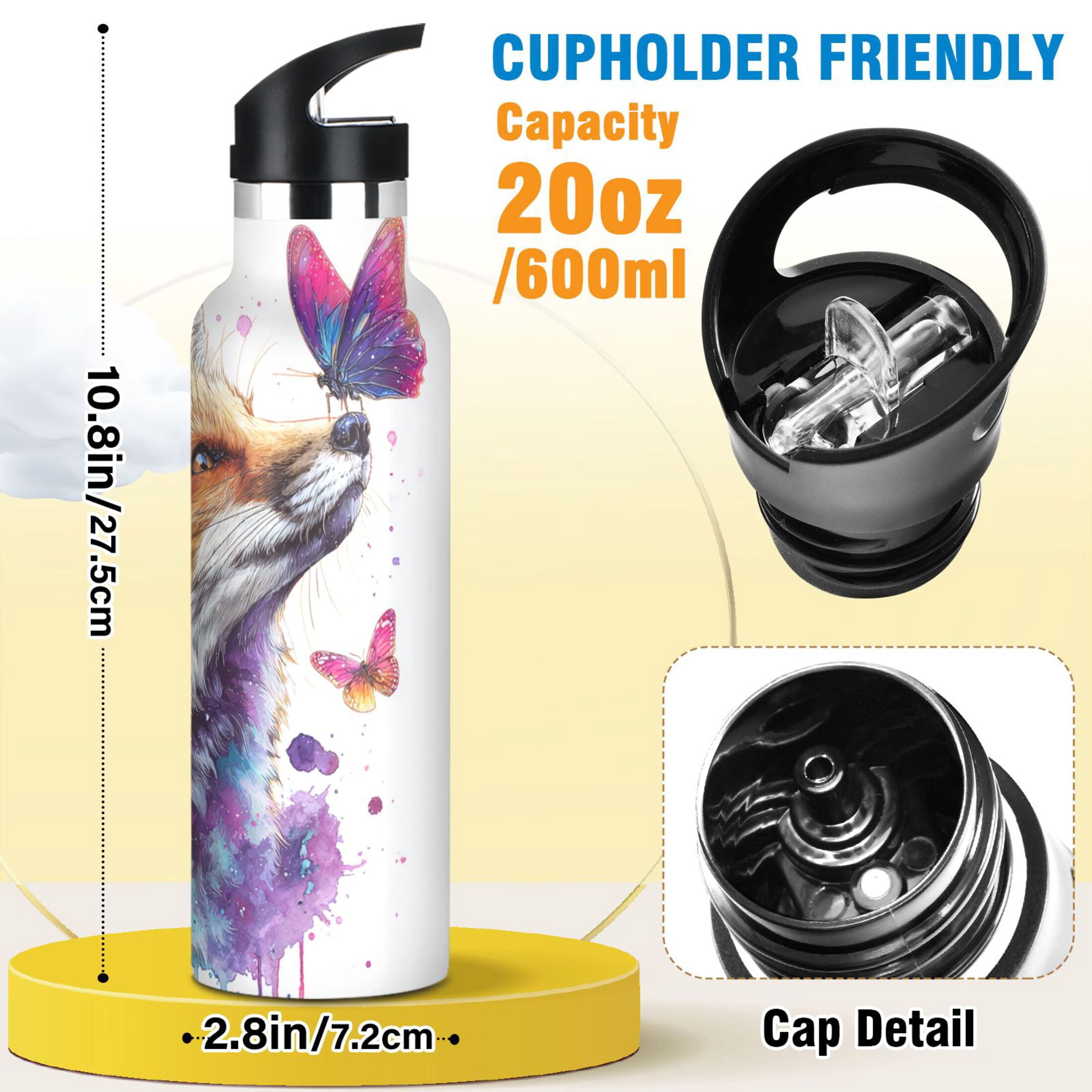 Kids Insulated Stainless Steel Sports Water Bottle 600ml (20oz) Fox and Butterflies