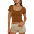 thumbnail image 4 of ClodeEU Women's Square Neck Short Sleeve Crop Tee, Casual Solid Color Slim Fit Ribbed T-Shirt Brown,Women's Plus XXL, 4 of 5