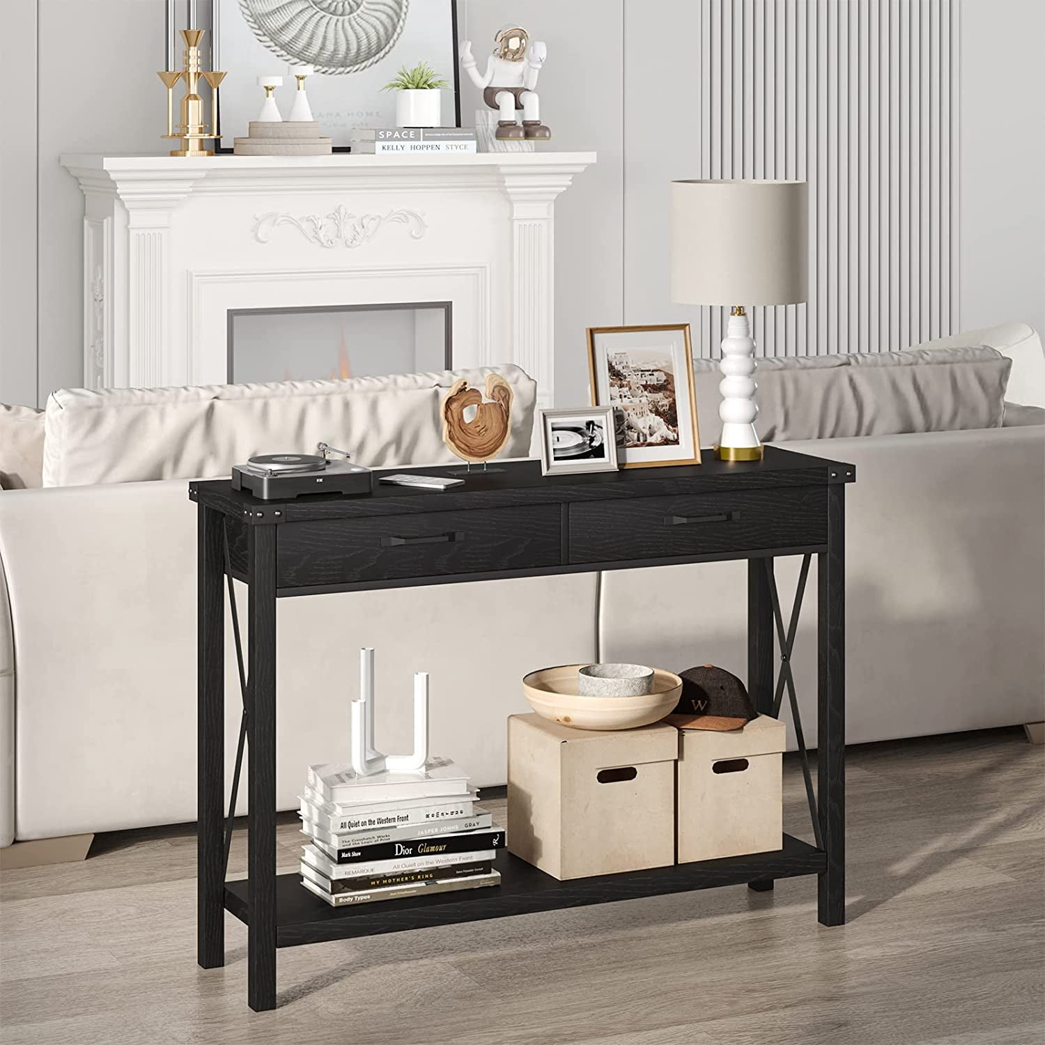 43" Farmhouse Entryway Table, Rustic 2-Tier Wood Console Table with Shelf, Sofa Table for Living Room, Hallway, or Foyer, Black