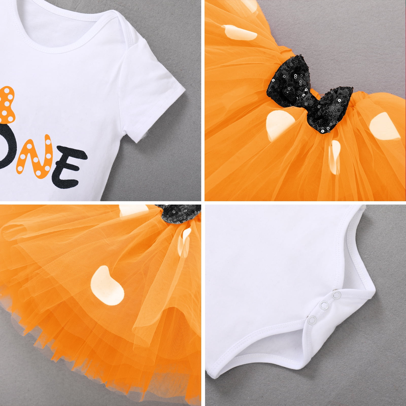 IBTOM CASTLE Toddler Baby Girls 1st 2nd Birthday Outfit Mini Polka Dots Romper Tutu Dress Mouse Ears Headband Princess Skirt Set for Photo Shoot 1 Year Orange + Black