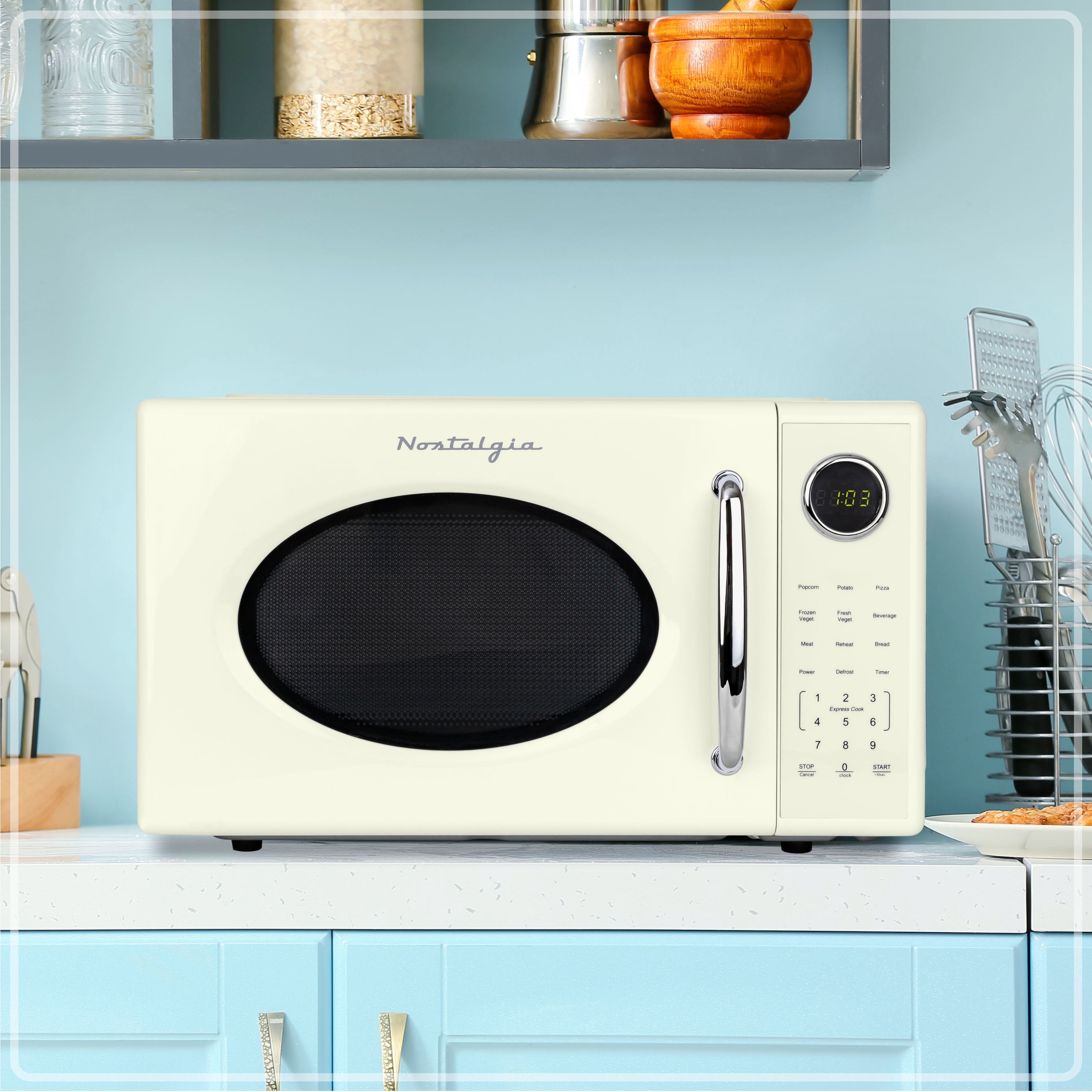 Nostalgia 1.1 cu ft Retro Microwave Oven, 1000W Countertop Microwave Oven with 8 Auto Cook Programs, Ivory