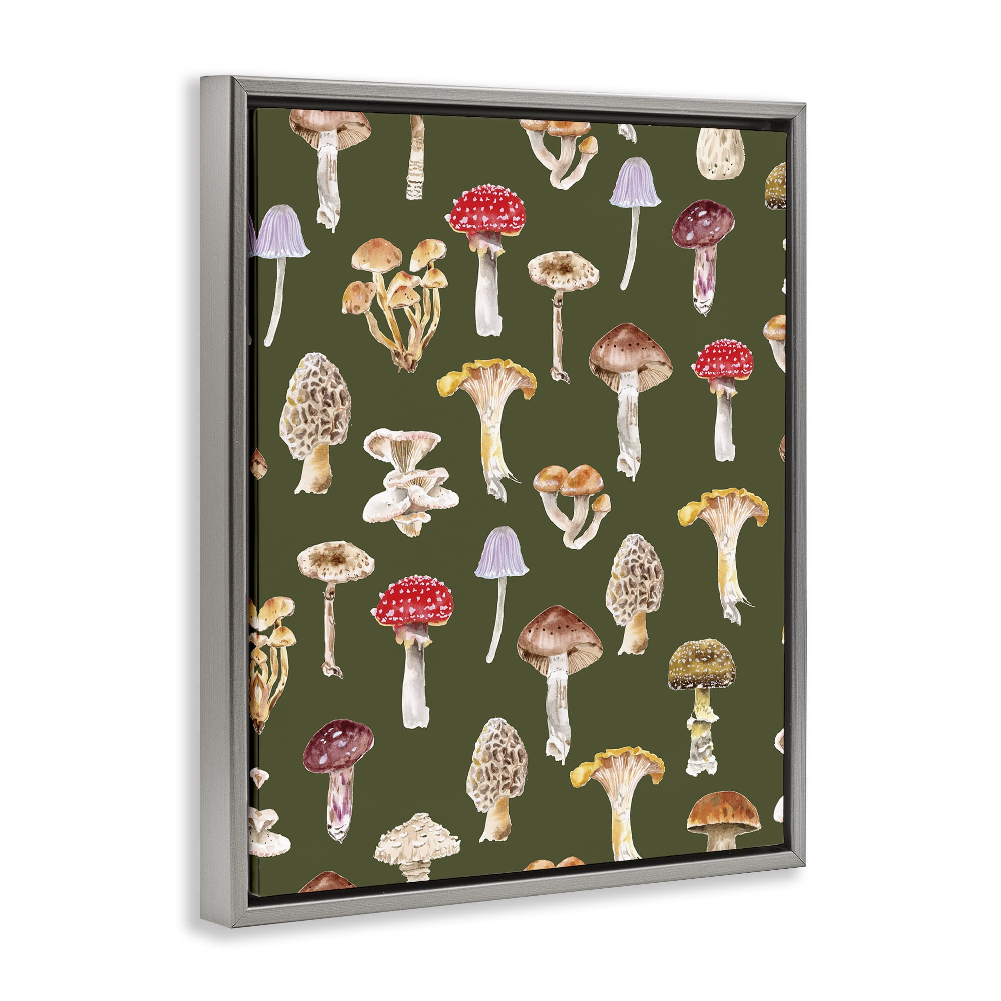 Stupell Industries Mushrooms Repeating Pattern Botanical & Floral Painting Gray Floater Framed Art Print Wall Art, 17 x 21