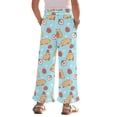 thumbnail image 2 of COEQINE Girls' Cute Pants Elastic Waist Ruffled Long Pants Pocket Wide Leg Trousers Printed Pants Baggy Trendy Streetwear for Girls 13-14 Y, Capybara Strawberry Blue, 2 of 8