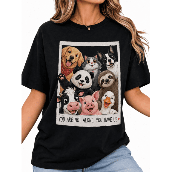 【New Arrival】Women's Animal Friends Graphic T Shirt Black Short Sleeve Crew Neck Inspirational Quote Casual Tee