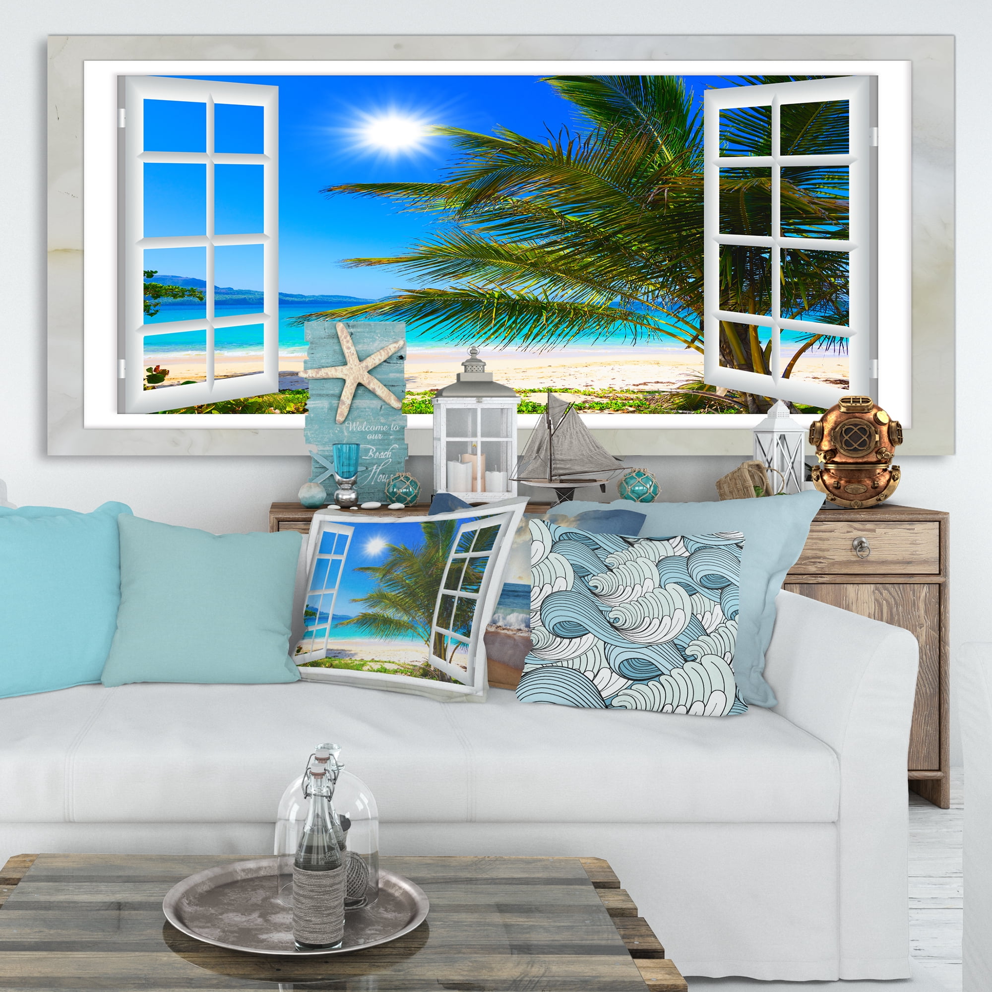Designart 'Window Open to Beach with Palm ' Extra Large Seashore Canvas Art