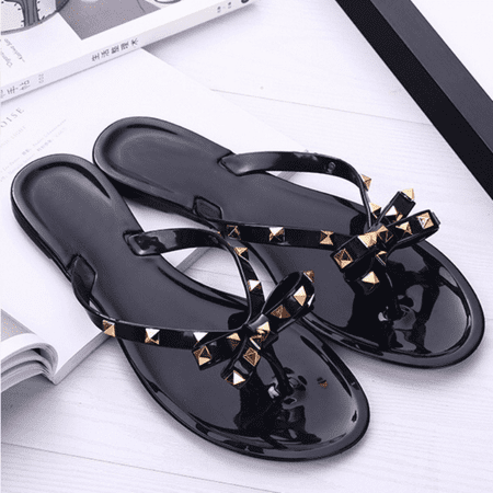 

Wish Womens Studded Jelly Flip Flops Sandals with Bow Slippers Flip Flops for Summer ------ Black （Size 39） S1661