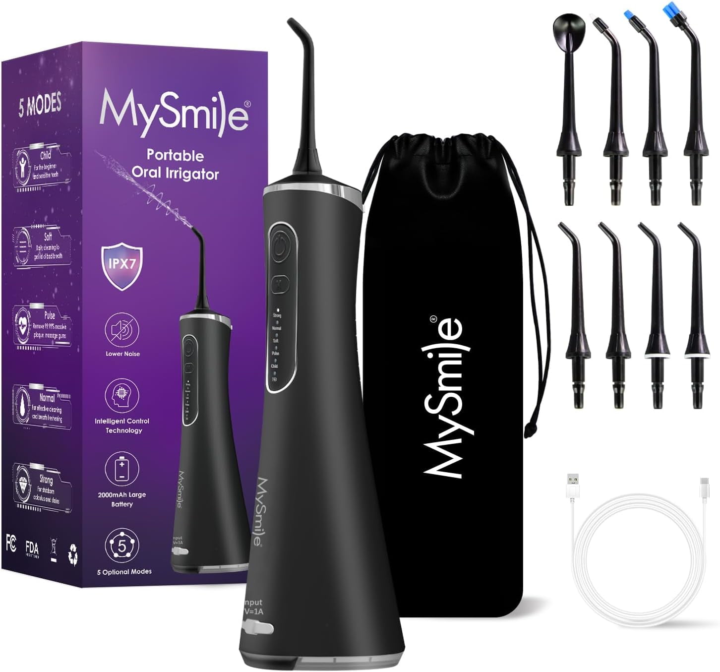 MySmile LP211 Cordless Advanced Water Flossers for Teeth, 8 Jet Tips-Black