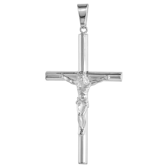 925 Sterling Silver 4mm Tubular Plain Cross Crucifix Charm Pendant 57mm
