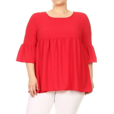 Bell Pleated Cuff Shirt MOA COLLECTION Women's Plus Size Solid Basic 3/4 Bell Sleeve Pleat Hem Babydoll Tunic Top Tee ()