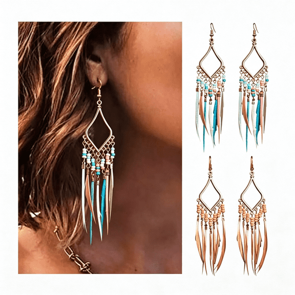 DESIGNICE Bead Earrings Set Feather Tassel Gold Boho Ethnic Retro Bohemian Dangle Earring Bead Women Jewelry for Birthday Party Gifts,Boho Earrings for Women
