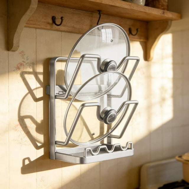 Support de Rangement Multifonctionnel pour Couvercles de Cuisine avec Plateau Intégré pour Ustensiles de Cuisson et Cuisinière