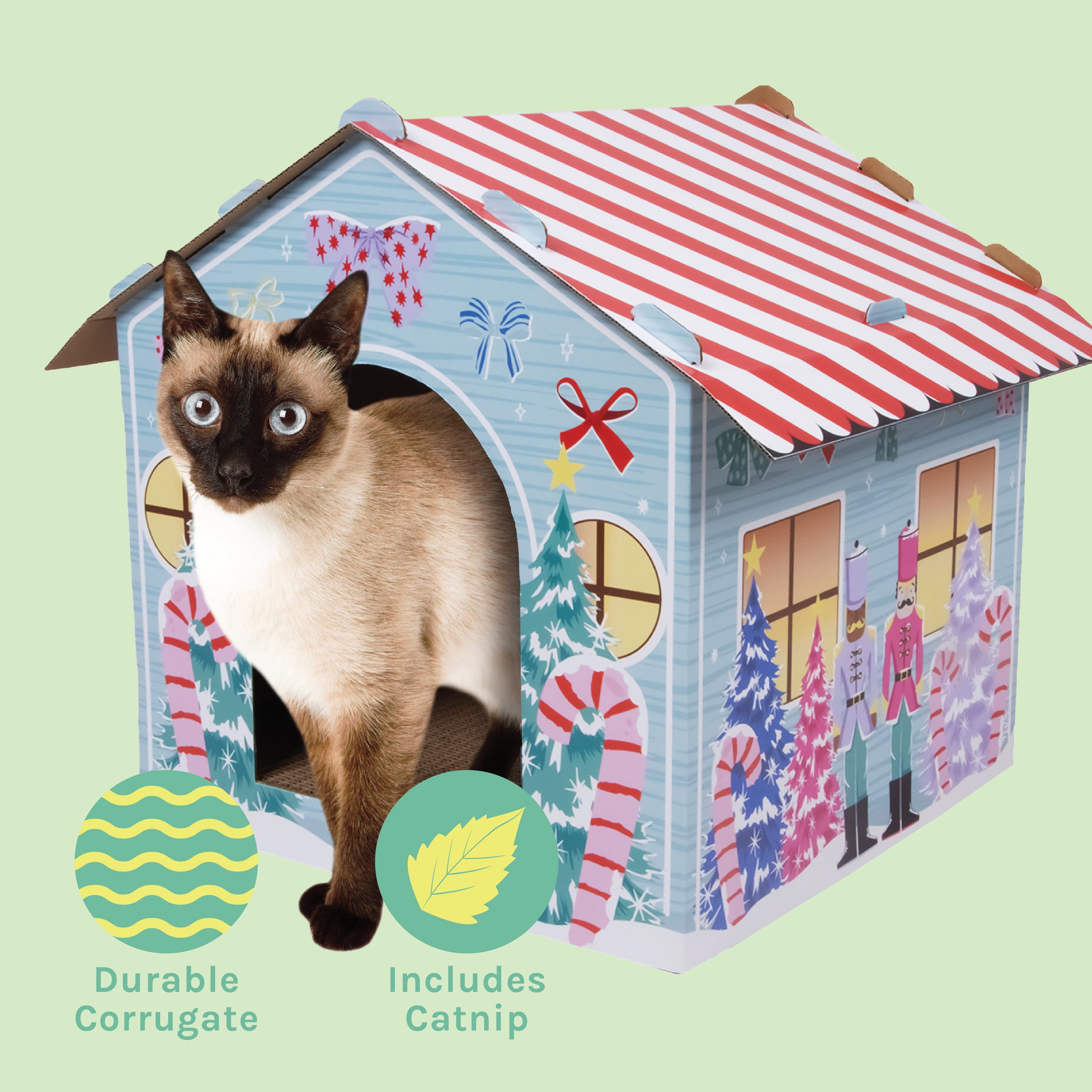 Kitty City Christmas Winter Wonderland Cardboard Cat House with Corrugate Scratching Pad, Multicolored, One Size