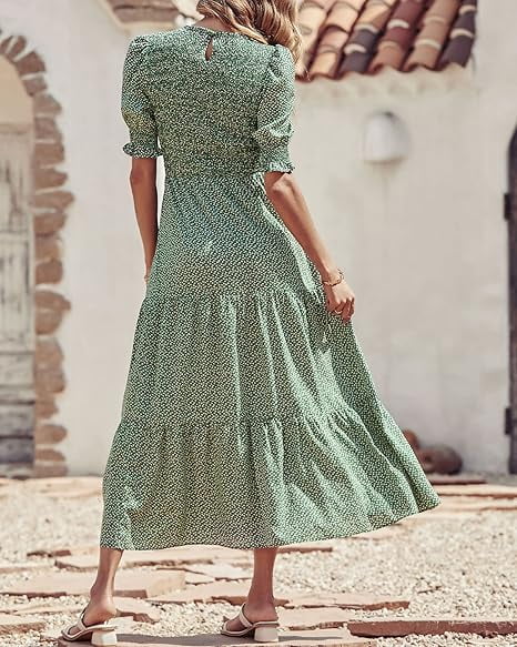 FreshPretty Women Casual Summer Dresses 2025 Spring Crew Neck Ruffle Short Sleeve Floral Print Smocked Boho Flowy Maxi Dress