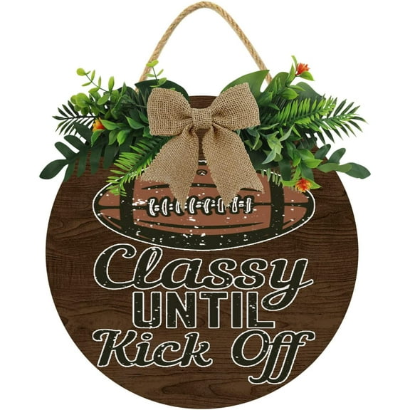 Eveokoki 12" Football Sign Classy Until Kick Off Football Round Hanging Sign Football Wooden Door Sign Door Hanger,Wood Hanging Decoration
