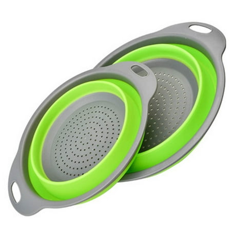 

iOPQO Drain Rack Foldable Silicone Colander Fruit Vegetable Washing Basket Strainer Kitchen Tool Strainer Kitchen Tools (Large+Small) Green