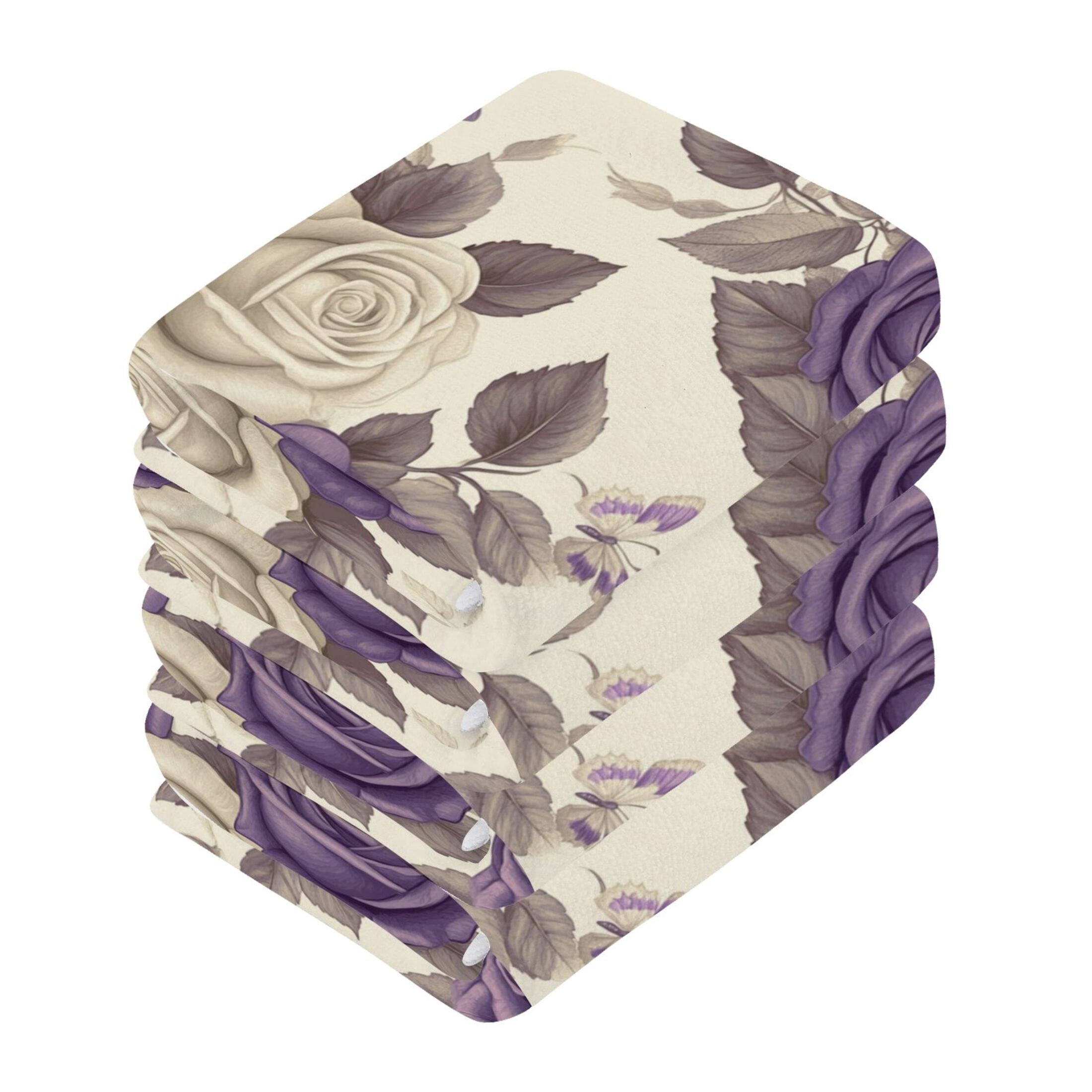 Purple White Flowers Pattern 100% Cotton Face Towel 12x12in Soft Absorbent Washcloth Durable Printed Hand Towels for Bathroom Travel 6 Pcs