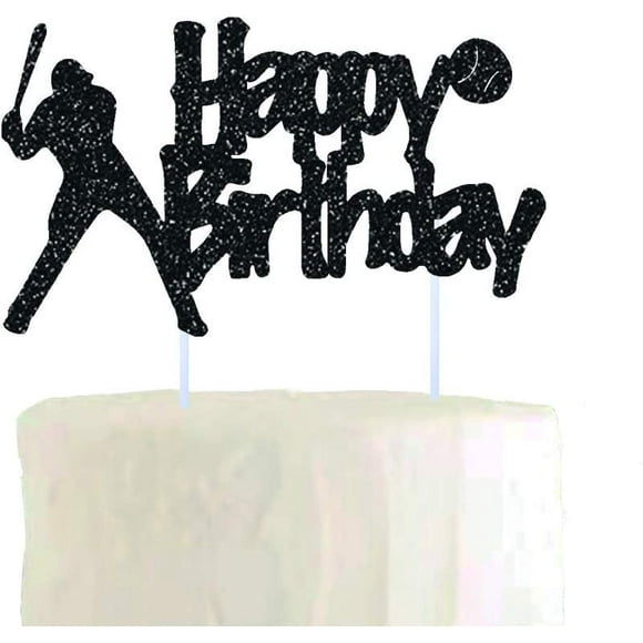 FrostHike Baseball Happy Birthday Double Sided Black Glitt Cake Topp for Theme Birthday Party Decoration for Boy\\u2018s men ,Play Baseball Party Decoration