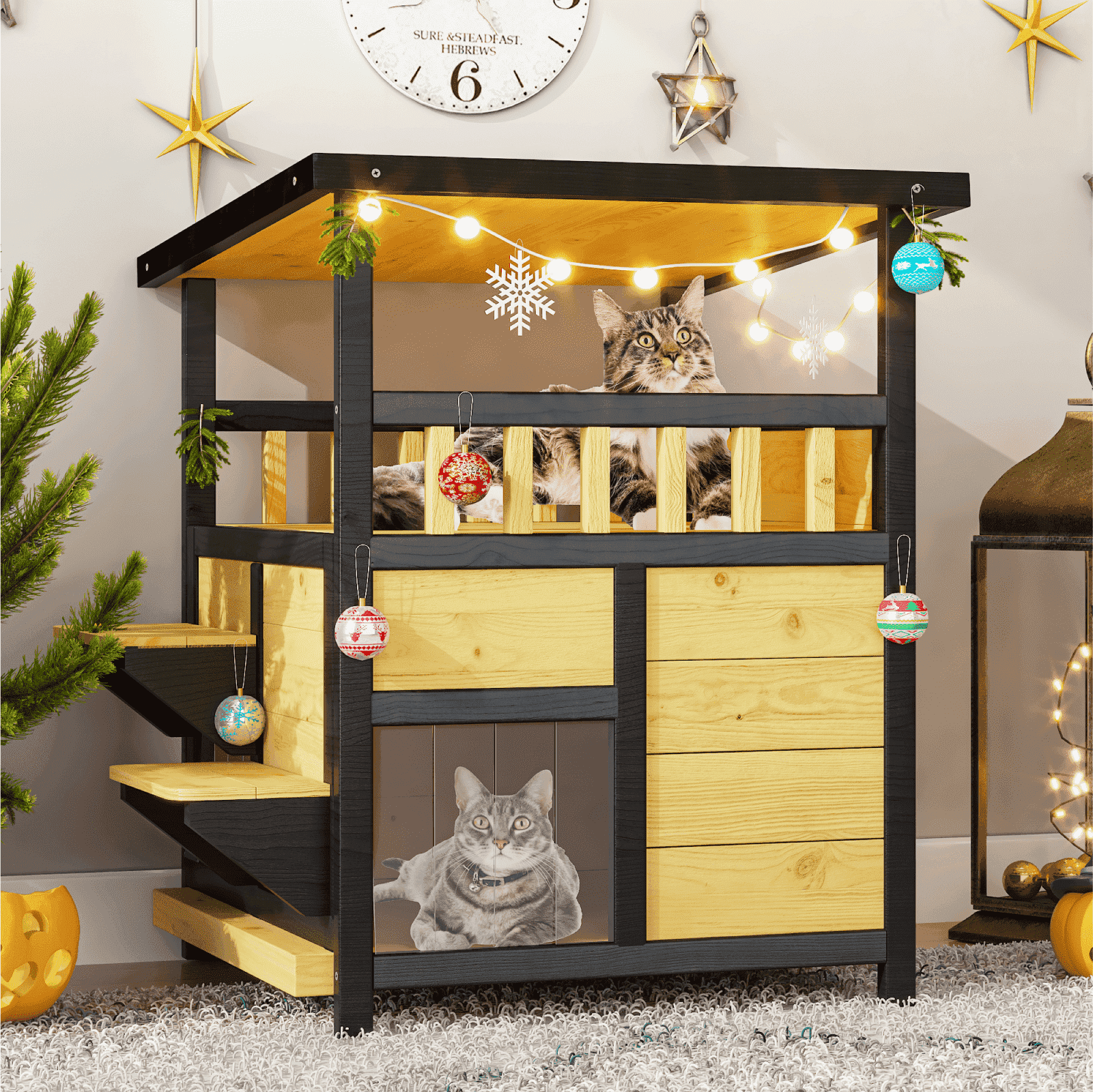 TIMHAKA 2-Story Outdoor Cat House, Wooden Feral Cat Shelter w/ Escape Door, Pull-Out Bottom & Scratching Mat