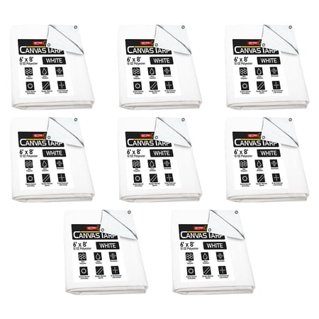 8 Pack 6 x 8 White Canvas Tarp 12oz - Water Resistant & Breathable - Heavy Duty Tarps - Multipurpose Tarpaulin Cover for Camping Tent